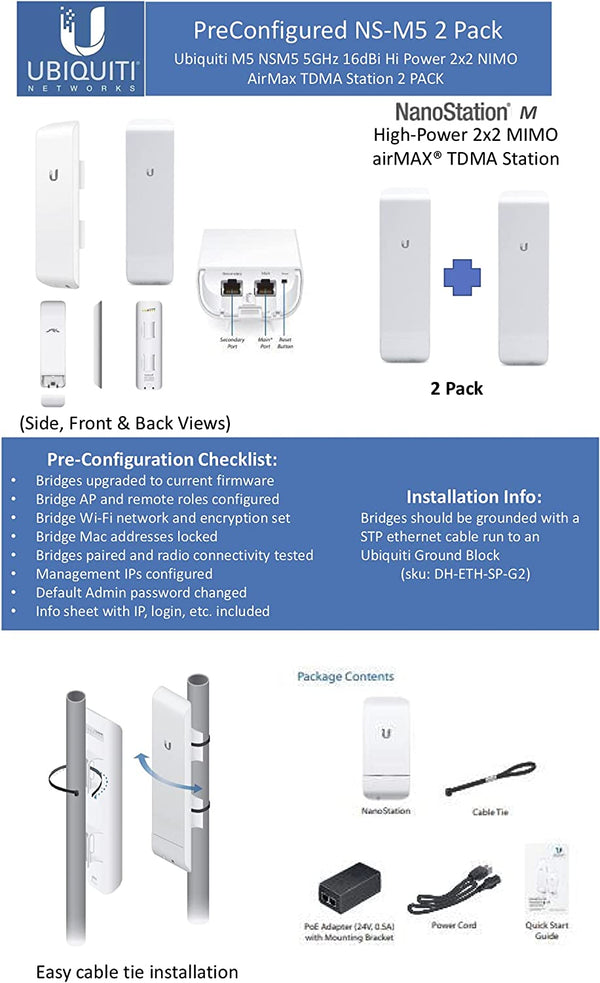 UBNT Networks Pre-Configured Ubiquiti NSM5 Bundle of 2 NanoStation M5 5GHz Outdoor airMAX CPE 150+Mbps 15+km: Ready to Install