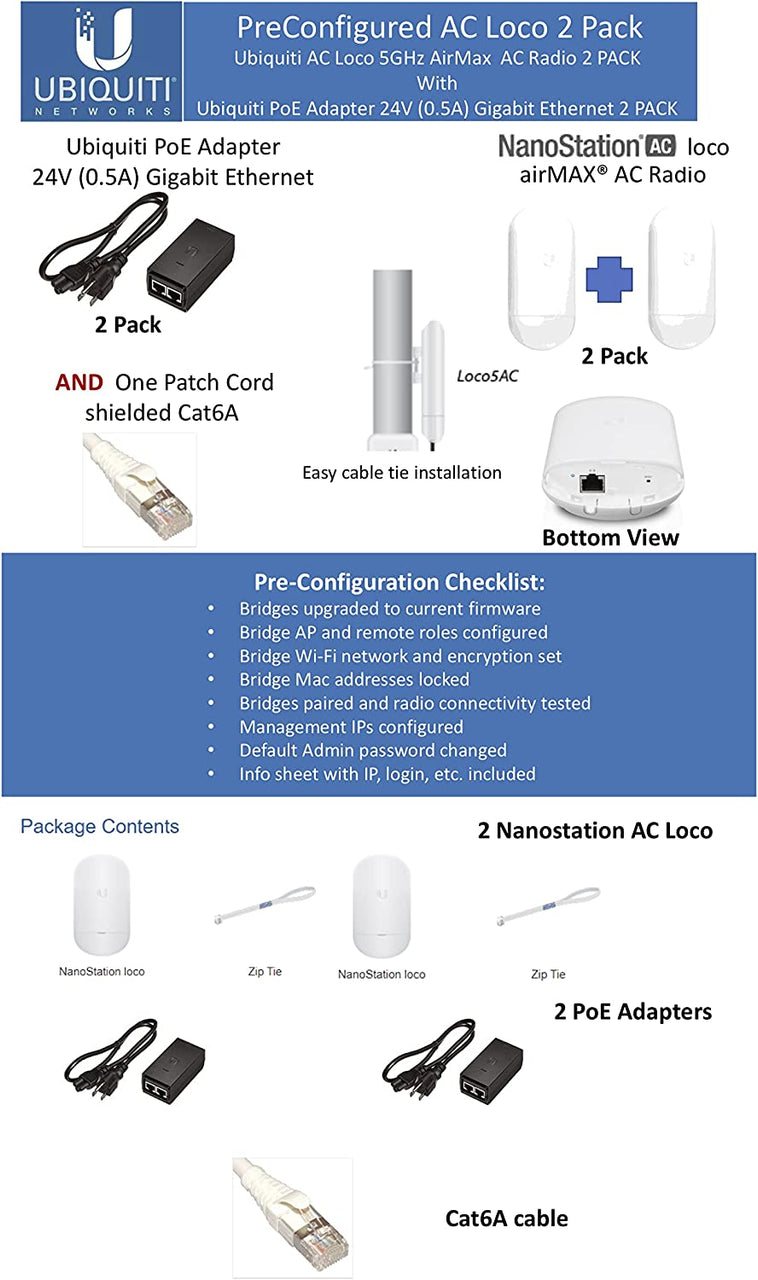 UBNT Networks NanoStation AC Loco Loco5AC-US 2 Pack Pre-Configured Loco5ac 5GHz 802.11ac airMAX Radio 450Mbps Wireless Bridge (2-Pack) with PoE POE-24-7W-G Included Ready to Install, White